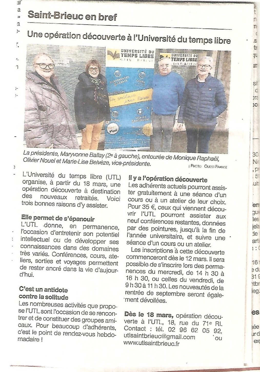 09/03/25 OUEST FRANCE Opération Découverte UTL ST BRIEUC